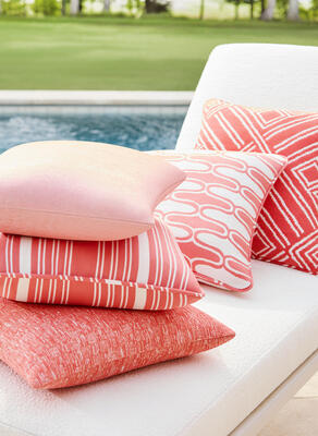 Chair cushion in Capra woven fabric, pillows in Terraza, Saraband, Clara, Kaia Stripe and Cestino woven fabrics