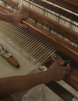 At Sea on the loom: Shades are hand-woven to size, up to 180" wide.