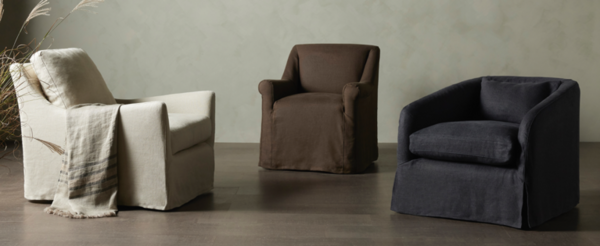 Comfy, casual, easy to clean: New Belgian linen slipcovered styles include the Monette swivel chair, Bridges dining armchair and Topanga swivel chair.