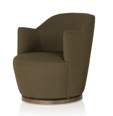 Upholstered in stain-resistant, bleach-cleanable Fiqa Boucle Olive, the drum-style seating of the Aurora swivel chair rotates a full 360 degrees.  