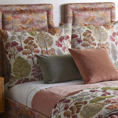 Keyhole upholstered bed, Arcadia shams and coverlet, Fresco Velvet pillows and coverlet