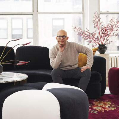 Creative director and Elle Decor A-list designer Rafael de Cárdenas with pieces from his furniture collaboration with Mitchell Gold + Bob Williams