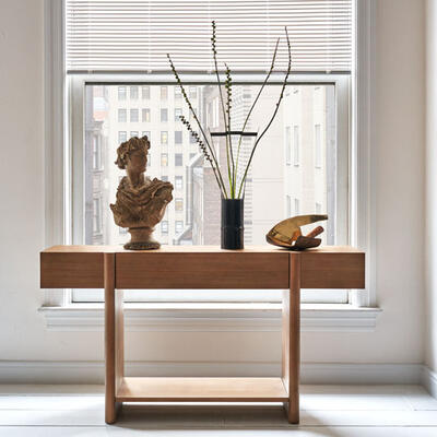 From the Rafael de Cárdenas for MG+BW Home collaboration: Darling console in bleached walnut, attractive from every angle, equally at home in an entryway or dining area