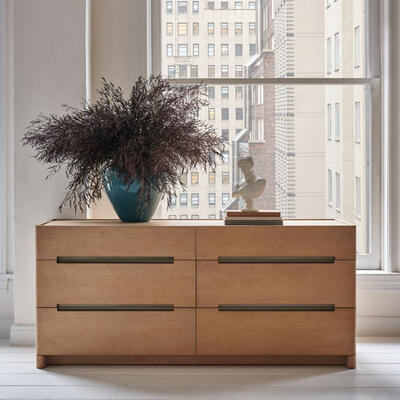 From the Rafael de Cárdenas for MG+BW Home collaboration: Six-drawer dresser from Full Moon collection in bleached white oak with brushed stainless insets