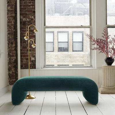 From the Rafael de Cárdenas for MG+BW Home collaboration: Beam bench in Teal mohair velvet, a fun yet elegant waterfall style with lush padding