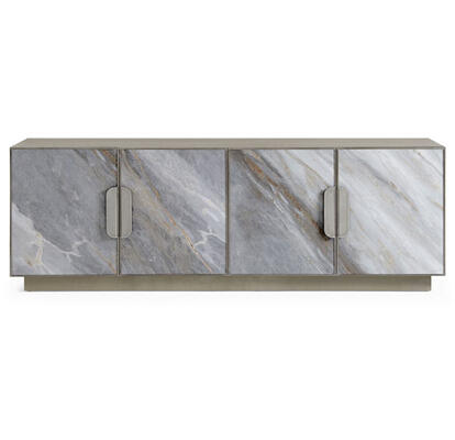 The Mercer media console exemplifies natural beauty in a modern way—engineered stone gives the look of Palissandro Bluette marble without the weight. Storage chest also available