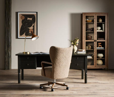 For a fresh spin on classic home office furnishings, European-inspired pieces meet playful textures in the Concord desk and Melrose desk chair 