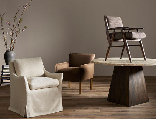 New this spring: Three dining chairs in sustainably made, 100% natural, Libeco-sourced Belgian linen 