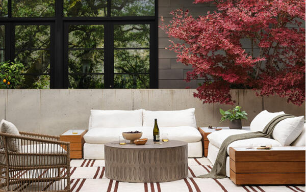 Carry on cocktail hour with aplomb thanks to durable outdoor fabrics like olefin, known for its UV-resistant, water-repellent and quick-drying abilities. Shown: Grant outdoor two -piece sectional and Montecito outdoor chair