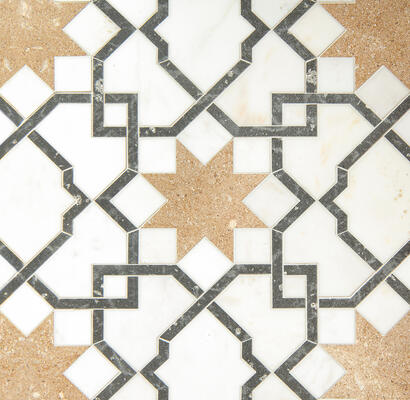 Guadiana, a water-jet mosaic shown in honed Calacatta Monet, Basalto Orvieto and Lavigne, is part of the Counterpoint collection by Paul Schatz for New Ravenna