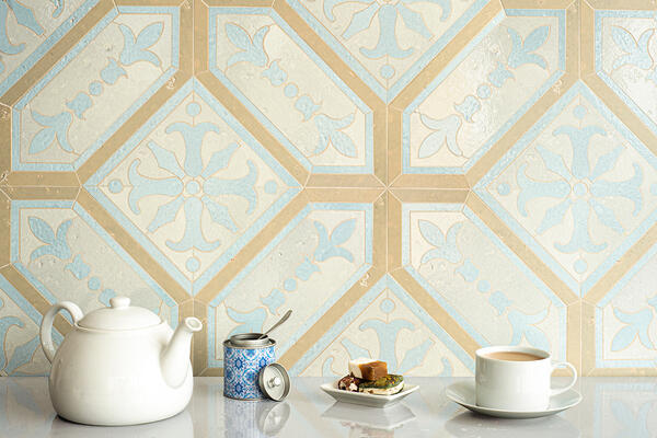 Valletta, a water-jet mosaic shown in polished Magnolia and Periwinkle and honed Honeysuckle, is part of the Counterpoint collection by Paul Schatz for New Ravenna