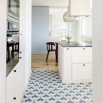 The Viva Tile collection of 20 geometric forms in 24 colors of unglazed porcelain designed as a classic geometric floor pattern. A Heritage Tile collection
