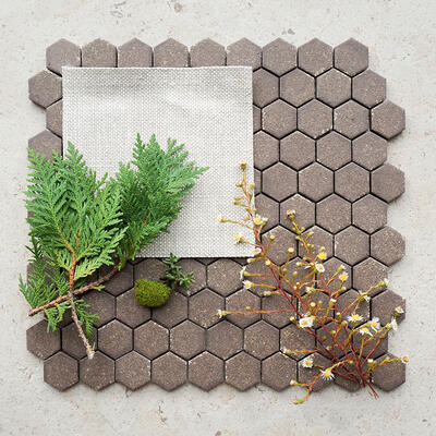 Henro series unglazed porcelain in Hex pattern in Bark from the Zen+Clay collection, Heritage Tile