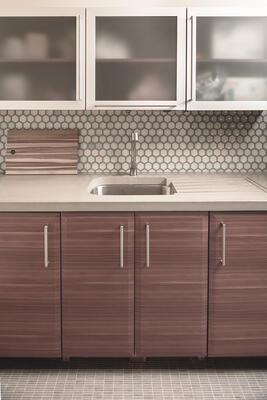 Godai series glazed porcelain concave hex in Pearl from the Zen+Clay collection, Heritage Tile