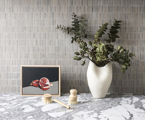 Hanami series unglazed stoneware mosaic featured with Stick pattern in Light Wind from the Zen+Clay collection, Heritage Tile