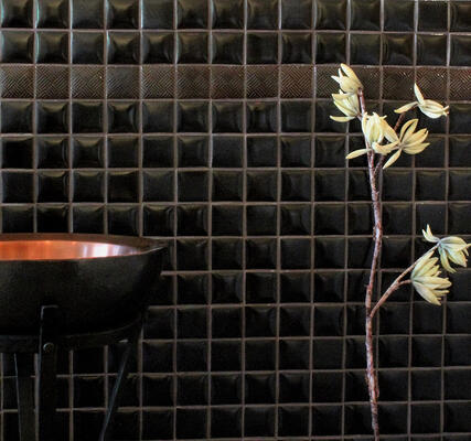 Hanakago series glazed porcelain in weave and pillowed field tile in Cacao from the Zen+Clay collection, Heritage Tile