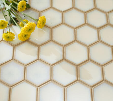 Godai series glazed porcelain concave hex in Pearl from the Zen+Clay collection, Heritage Tile