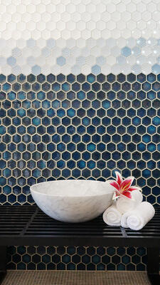 Godai series glazed porcelain concave hex in Midnight Blue and White from the Zen+Clay collection, Heritage Tile
