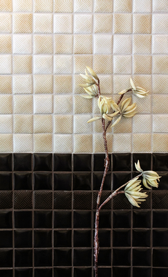 Hanakago series glazed porcelain in weave pattern in Cacao and Alabaster from the Zen+Clay collection, Heritage Tile