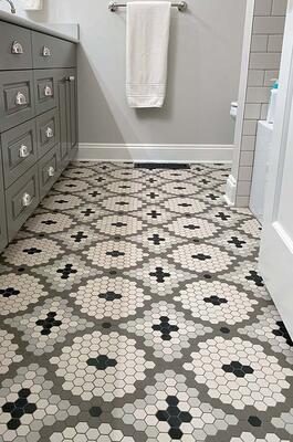 A made-to-order mosaic in unglazed porcelain from Subway Mosaics, featuring a personalized design service, a 24-color palette and unlimited creative possibilities. A Heritage Tile collection
