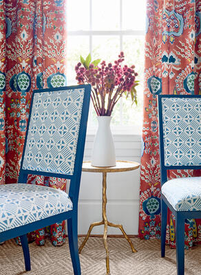 Draperies in Mendoza Suzani. Lauderdale Dining chairs in Plaza printed fabric. 