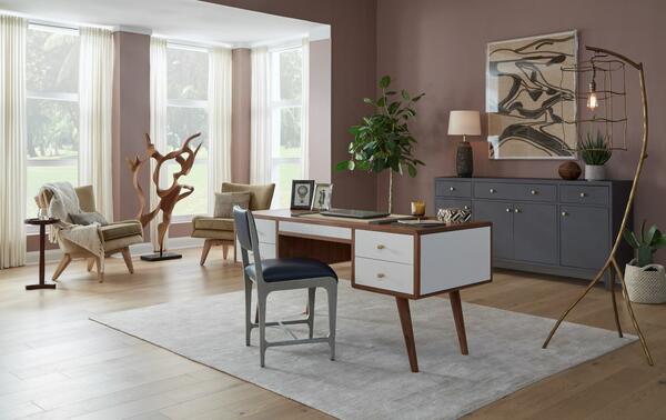 Left to right: Nash drink table, Markell lounge chairs, Margalo throw, Quincy hair-on-hide pillows, Marcianus sculpture, Halston rug, Vallois dining chair, Delmira desk, Hunter box, Jarin buffet, Lamont lamp, Montague wall decor, Maddux object, Cyprian floor lamp