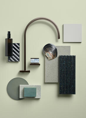 MEM in Brushed Dark Platinum meets terrazzo and textured mother-of-pearl handles in shades of blue