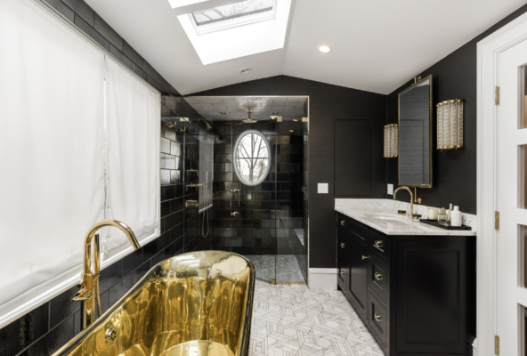 Primary Bathroom with Standout Brass Bathtub Imported from London