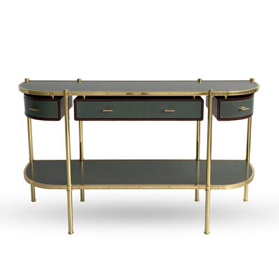 Cole Porter console table with drawers and leather-wrapped surfaces