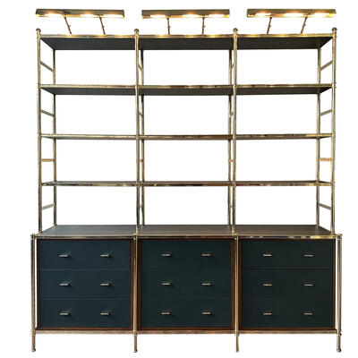 Cole Porter drawer cabinet with leather-wrapped shelves and library lights