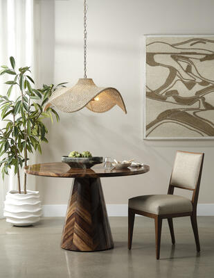 Left to right: Perris planter, Lourdes chandelier, Jada dining table, Nelton dining chair, Montague wall decor