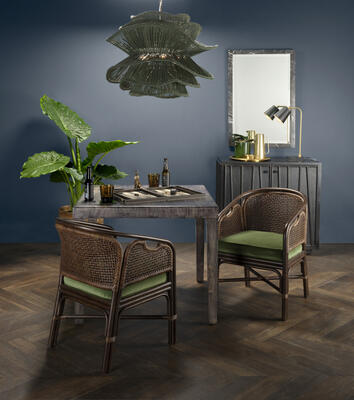 Left to right: Alondra chandelier, Alessio game table, Murphy dining chair, Lorenz buffet, Sidney mirror