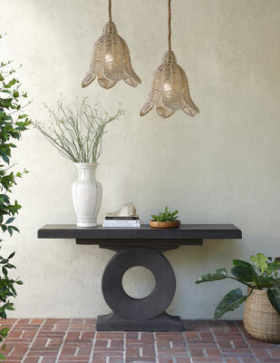Left to right: Tiffany pendant, Carmine vase, Grier console, Mosley planter