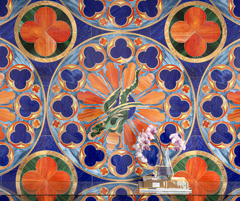 Seen here with custom Chimère, Notre Dame, a waterjet glass mosaic shown in Lapis Lazuli, Cat’s Eye, Angelite, Sardonyx, Citrine and 24-karat gold, is part of the Ville Lumière collection by Caroline Beaupère