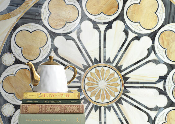 Notre Dame, a waterjet glass mosaic shown in Labradorite, Agate, Quartz and Tiger’s Eye, is part of the Ville Lumière collection by Caroline Beaupère