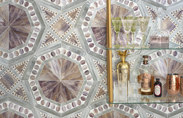 Place Vendôme, a waterjet glass mosaic shown in Fluorite and Alabaster, is part of the Ville Lumière collection by Caroline Beaupère
