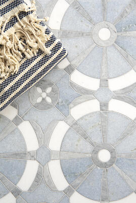 Printemps, a waterjet stone mosaic shown in honed Celeste, Light Bardiglio and Thassos, is part of the Ville Lumière collection by Caroline Beaupère
