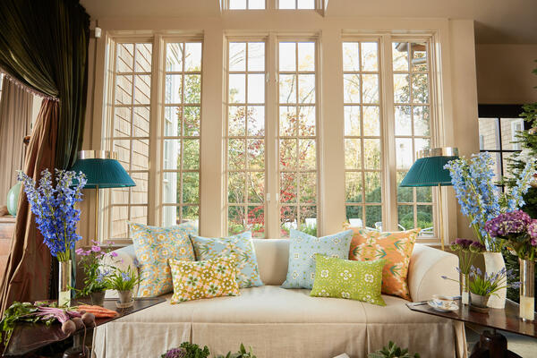 Accent pillows in English Garden patterns include (left to right): Chelsea Orange, Lady Di Yellow, English Garden Blue, Dorset Garden Blue, Dorset Garden Green, English Garden Orange