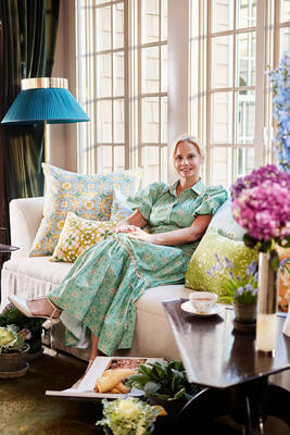 Accent pillows in English Garden patterns include (left to right): Chelsea Orange, Lady Di Yellow, English Garden Citron