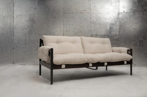 Campanha sofa: Classical campaign furniture creatively mixes with midcentury modernism in the Campanha collection. Infused with a rugged-meets-refined aesthetic, tufted leather upholstery details are offset by careful and precise facets of turned brass and oiled wood. Custom lengths available