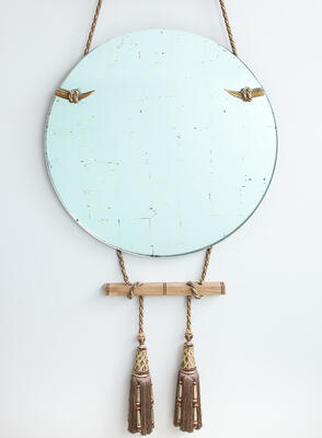 Carlo mirror: Inspired by Carlo Bugatti, the Carlo mirror features eglomise adorned with tassels and wooden horn toggles. Adjustable hang lengths, multiple configurations and custom sizes available
