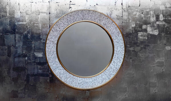 L’Oeuf mirror: Custom hand-cracked eggshell embedded in resin and lacquer gives this mirror its name. Custom sizes available
