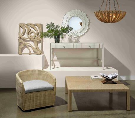From left: Dunley swivel lounge chair, Andel wall decor, Essery desk, Ilaria mirror, Magdalena chandelier, Parson coffee table, Essie book holder 