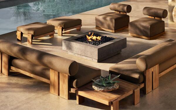 Vigo seating in premium solid teak shown with the Ixtapa plinth fire table