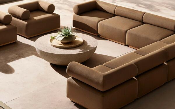 Cellina seating in premium solid teak shown with the Terreno bowl coffee table