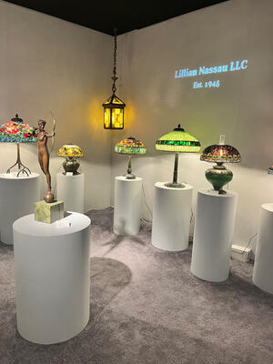 At the Lillian Nassau booth, a collection of Tiffany lamps illuminated a miniature rendition of a statue of Diana—the full-size version is housed at the Metropolitan Museum of Art