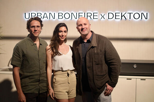 Interior designer Claudia Afshar and Urban Bonfire co-founders Stefan Marchant (left) and Ryan Bloom (right) showcased a new Dekton Ukiyo and Urban Bonfire collaboration