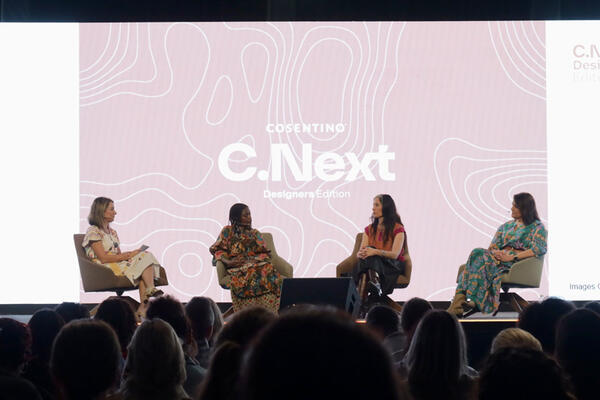 Steele Marcoux, editor in chief of Veranda, moderated the C.Next Designers Arteriors panel “Infinite Space: The Blurred Lines of Indoor and Outdoor Living” with designers Wambui Ippolito and Laura Kirar and vice president of marketing and visual merchandising Barb Fuller