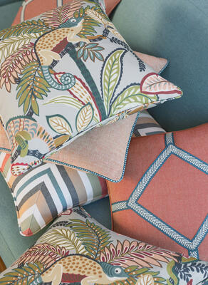 Pillows in Iggy, Tessa with Westport tapes, Finley with Surrey cord, Kalea Stripe and Tessa fabrics