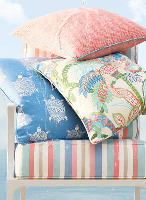 Cushion in Kalea Stripe fabric, pillows in Cameron with Surrey cord, Turtle Bay and Iggy fabrics